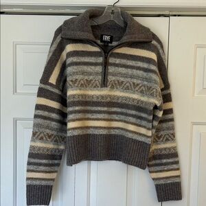 FRYE Gray and Cream Striped Half-Zip Cowl Sweater